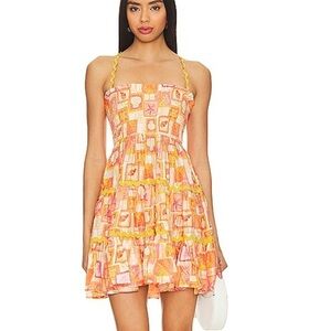 Sundress Tea Dress Milos Print Colorful Patchwork Mini strappy Ties Revolve L/XL